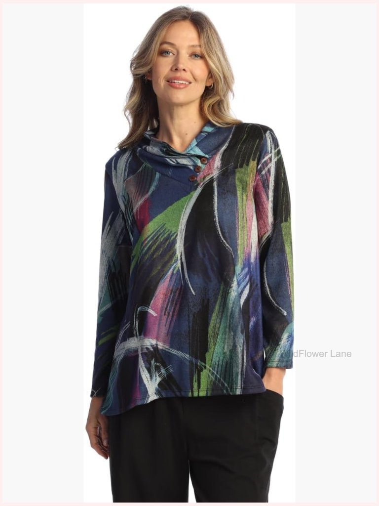 Novelty Brush Gathered Neck Long Sleeve Top - Tunics